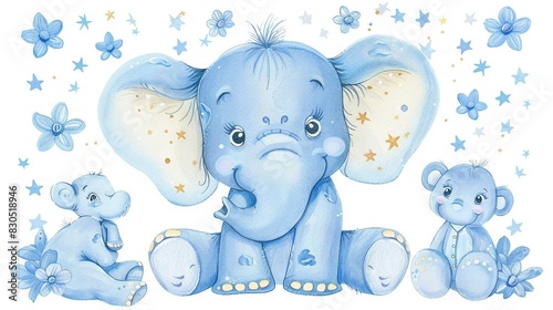  A painting of an elephant, a baby elephant, and a bear in front of a white background