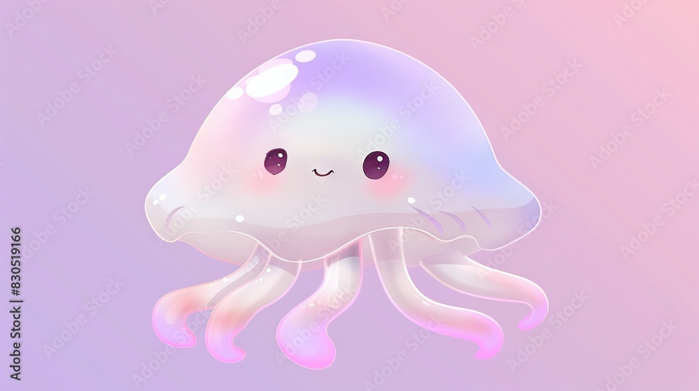 A smiling jellyfish floats in the air against a pastel-colored backdrop of pink and purple hues A smiling jellyfish floats in the air against a pastel-colored backdrop of pink and purple hues