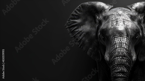  A tight shot of an elephant's face against a black backdrop, revealing just the curvature of its tusks photo