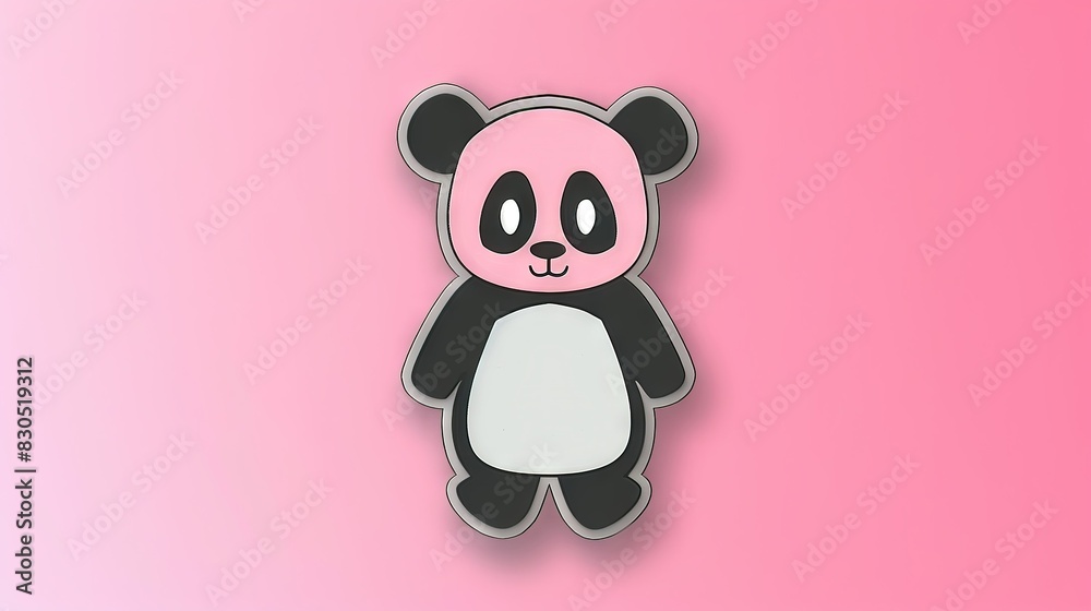 Black and white panda bear on pink and white background with Panda written in clear font underneath Black and white panda bear on pink and white background with Panda written in clear font underneath