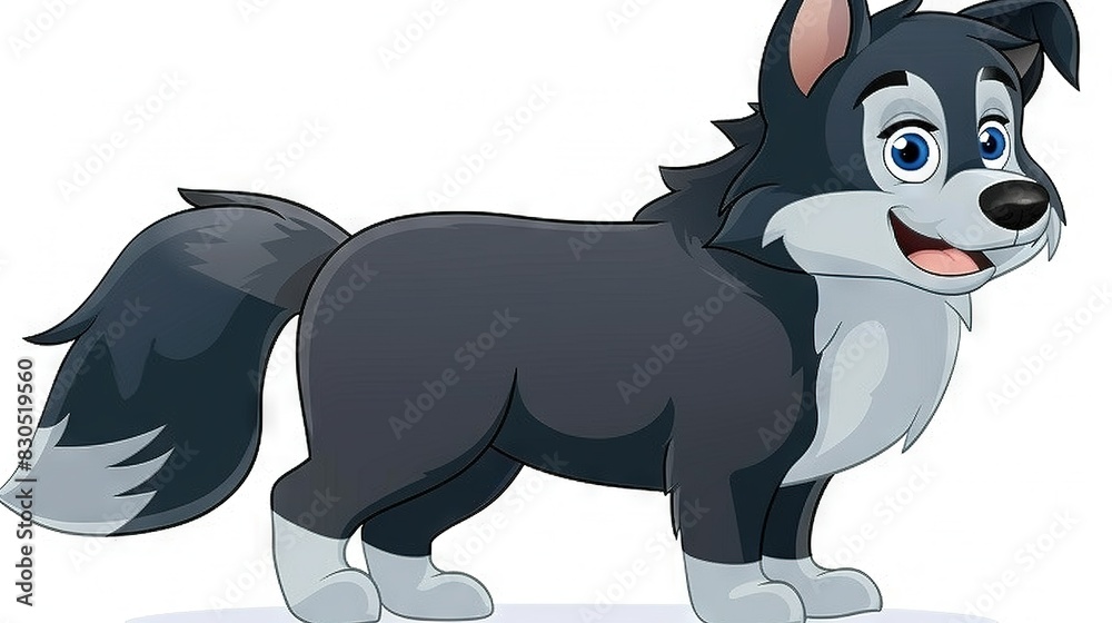 A monochrome dog with striking blue eyes and a gray tail stands confidently against a pristine backdrop, gazing directly into the lens A monochrome dog with striking blue eyes and a gray tail stands confidently against a pristine backdrop, gazing directly into the lens