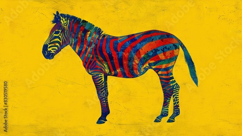   A vibrant zebra painted on a sunny canvas with strips of blue  red  and green adorning its body