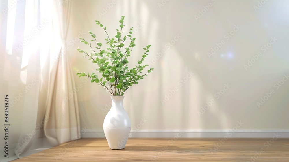  A white vase containing a plant sits on a wooden table near a window with white curtains