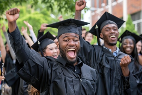 Wallpaper Mural Multiethnic graduates in black caps and gowns, celebrating by lifting their diplomas and shouting with joy, having fun Torontodigital.ca