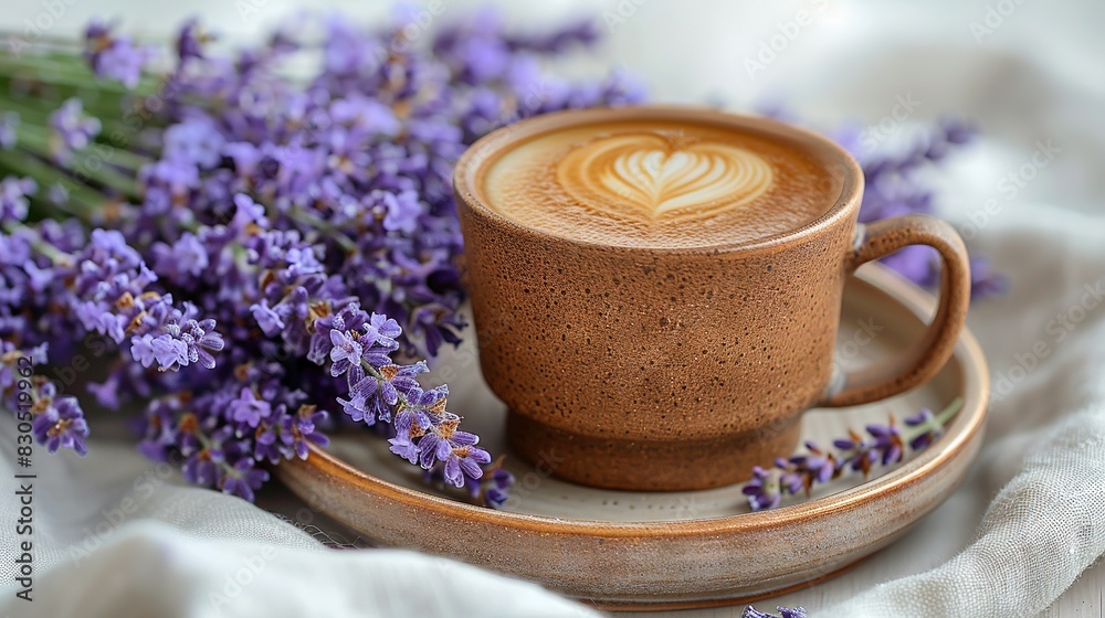 Cuppa Cappuccino on Saucer with Lavender Flowers Cuppa Cappuccino on Saucer with Lavender Flowers