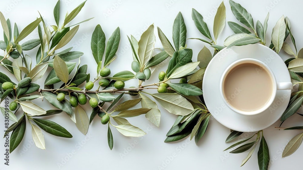   A cup of coffee resting atop a saucer alongside a leafy branch adorned with berries
