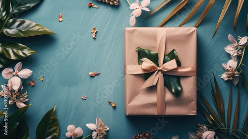 A beautifully wrapped gift box with a ribbon bow, set on a flat lay solid color background with tropical leaves, featuring ample space for text.