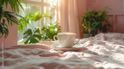   A cup of coffee on a white saucer on a bed next to a potted plant