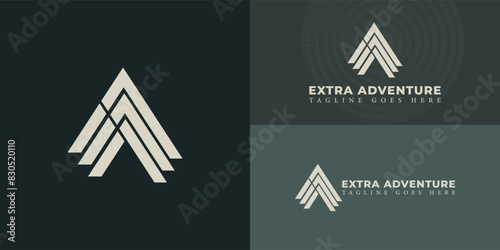Abstract initial triangle letter EA or AE logo in soft gold color isolated on multiple background colors. The logo is suitable for adventure gear logo design inspiration templates. photo