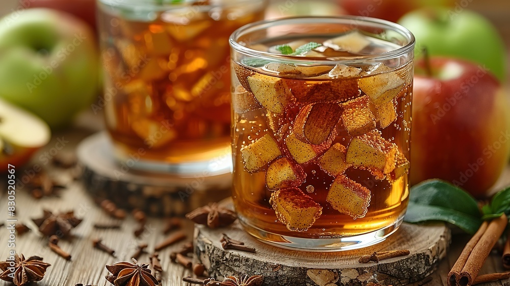 Two glass apples on wood with cinnamon and an apple background Two glass apples on wood with cinnamon and an apple background