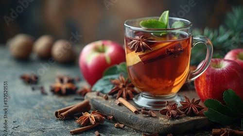  A cup of apple cider with cinnamon and star anise on a cutting board, surrounded by apples and cinnamons