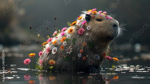   A capybara floats in a body of water, adorned by flowers on its back and a crown of daisies on its head photo