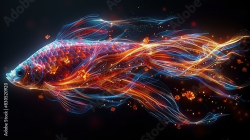   A levitating fish with radiant lights on its back and billowing tail