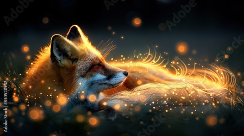   A fox rests on green grass, eyes shuttered as bright lights surround it © Nadia