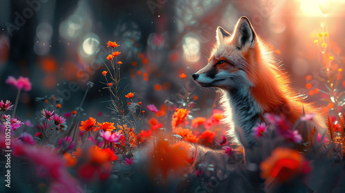   A fox sitting in a field of flowers under the sunlight filtering through the trees and flowers in the background © Nadia