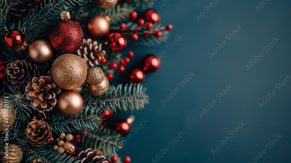 A Christmas tree with red and gold ornaments, pine cones, and a red and gold bauble atop, against a blue background A Christmas tree with red and gold ornaments, pine cones, and a red and gold bauble atop, against a blue background