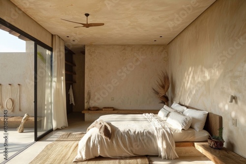 The bedroom has a spacious bed and a big window for natural light