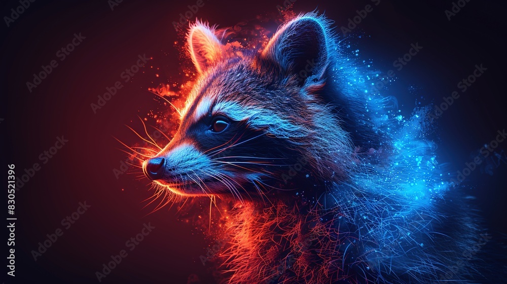   A zoomed-in image of a raccoon's face with illuminated blue and red eyes