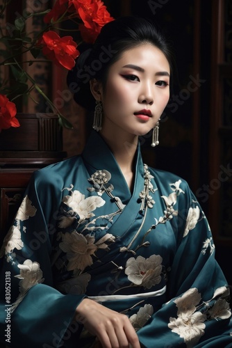 a beautiful woman in a traditional dress sitting on a chair