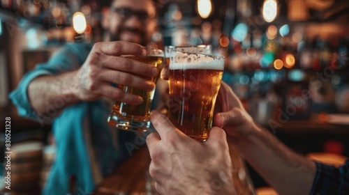 Drinking Beer with Friends at the Bar  Men Celebrating and Clinking Glasses