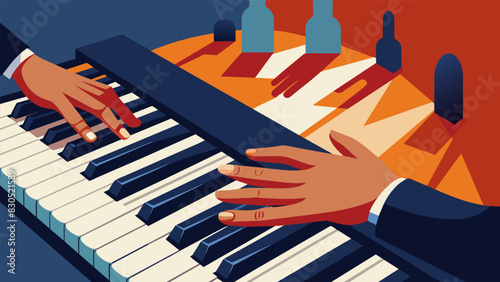 Fingers move swiftly and effortlessly on the keys of the piano as the pianist accompanies the bands practice.. Vector illustration