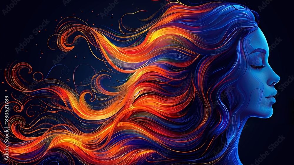   A portrait of a woman with flowing, vibrant orange and blue hair billowing in the breeze