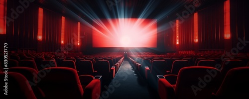 Empty movie theater with red seats and a bright screen.