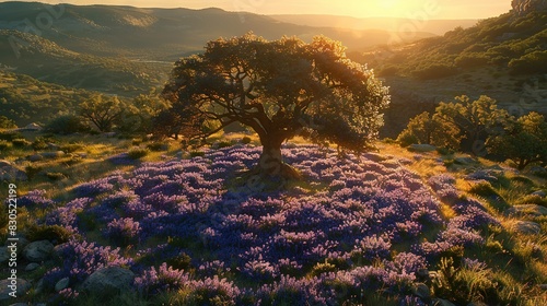   A solitary tree atop a verdant hill, adorned with purple blossoms under the radiant sun #830522199