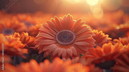  A close-up of an orange flower amidst a sea of orange blossoms, bathed in sunlight from behind