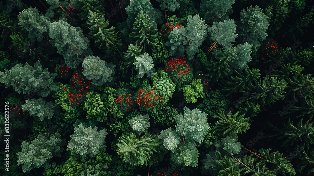 Aerial view of a forest with red berries on leaves and treetops in the foreground Aerial view of a forest with red berries on leaves and treetops in the foreground