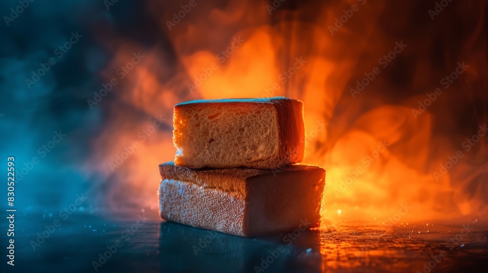Two slices of bread stacked against a blue-orange backdrop, smoke rising from behind upper slice Two slices of bread stacked against a blue-orange backdrop, smoke rising from behind upper slice