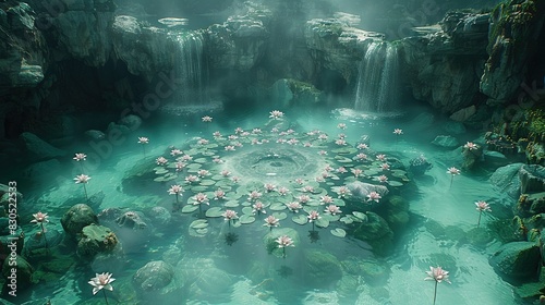   A cluster of water lilies hovering over a body of water encircled by rocky shorelines and additional water lilies photo