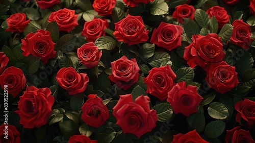  A bouquet of red roses surrounded by red roses in the center of a field of red roses © Nadia