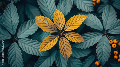   A close-up shot of a plant featuring leaves and berries in the foreground  against a backdrop of blue foliage and yellow fruit