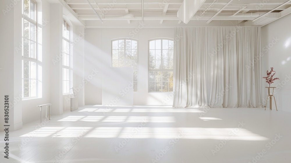 A pristine white studio space with minimalist decor and soft lighting, providing an ideal environment for creative work and artistic expression. A pristine white studio space with minimalist decor and soft lighting, providing an ideal environment for creative work and artistic expression.