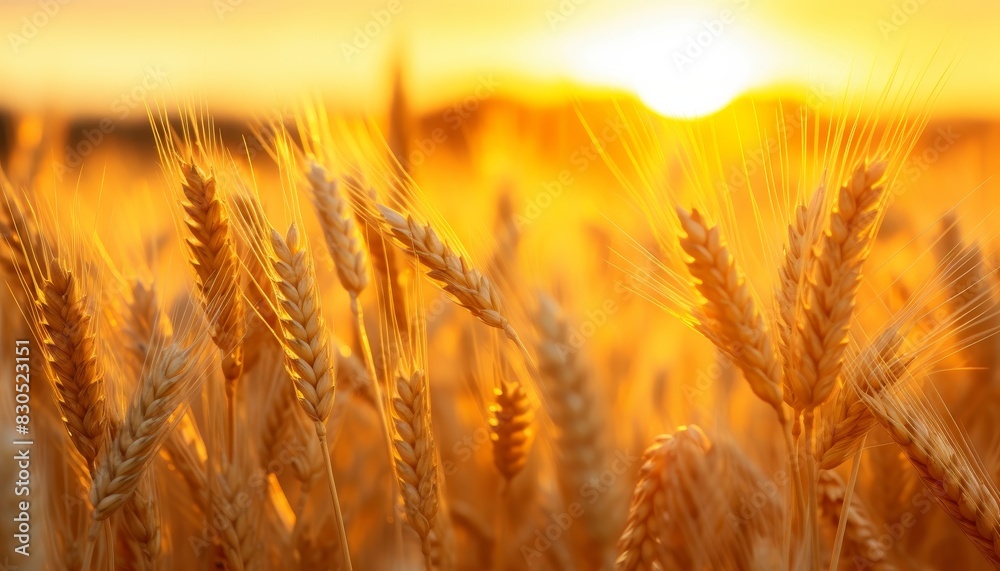 Golden wheat field bathed in the warm glow of a setting sun. Golden wheat field bathed in the warm glow of a setting sun.