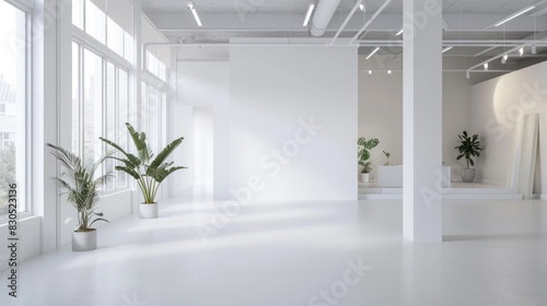 A pristine white studio space with minimalist decor and soft lighting  providing an ideal environment for creative work and artistic expression.