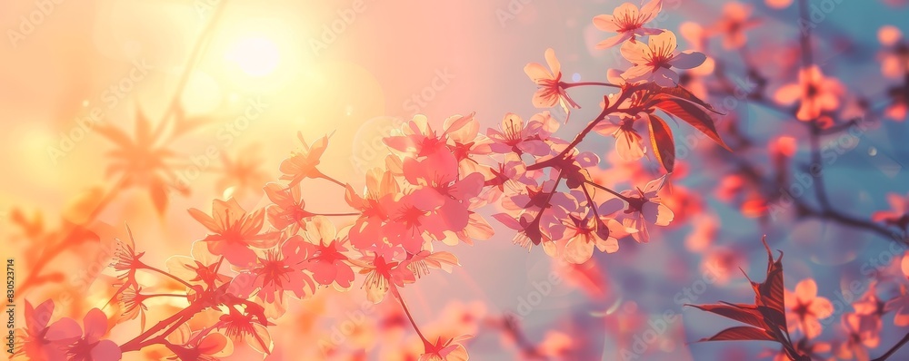 Pink blossoms bathed in warm sunlight, creating a dreamy springtime scene.