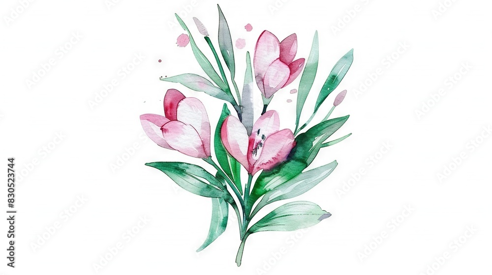 Pink flowers & green leaves on white background with pink paint on petals Pink flowers & green leaves on white background with pink paint on petals