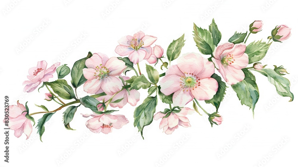   Watercolor painting of pink flowers and green leaves on white canvas