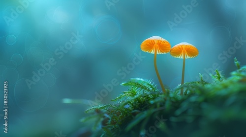  A few small yellow mushrooms rest atop a lush green plant, its leaves blanketing the surface, against a softly blurred backdrop of blue and green photo