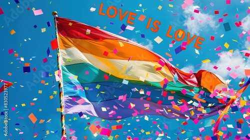 Celebrating LGBTQ+ Pride Month 2024: a large, flowing rainbow flag against a bright sky-blue background with colorful confetti and streamers, symbolizing pride, diversity, and celebration.