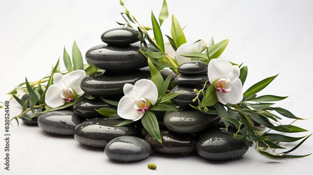orchid and bamboo on the zen basalt stones orchid and bamboo on the zen basalt stones