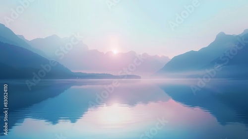 Serene sunrise over a misty lake, reflecting the colorful sky in the calm water. Mountains silhouette the background.