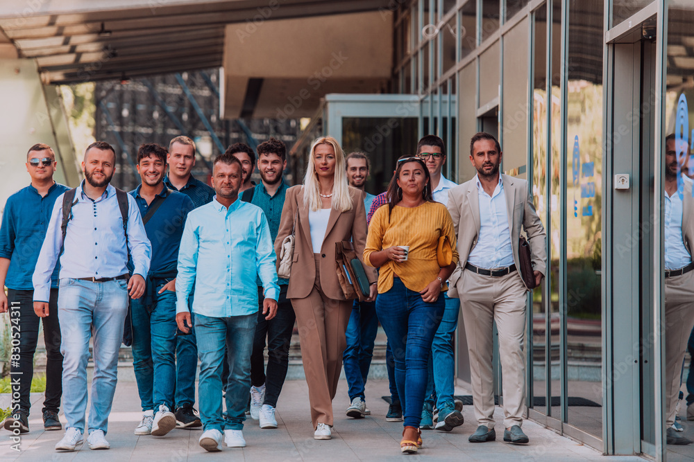 A diverse group of businessmen and colleagues walking together by their workplace, showcasing collaboration and teamwork in the company. A diverse group of businessmen and colleagues walking together by their workplace, showcasing collaboration and teamwork in the company.