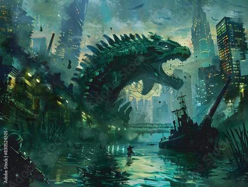 Colossal Sea Monster Attacking Futuristic Underwater City Skyline