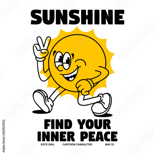  Funny cartoon character of sun Can be used as Sticker, posters, prints. Retro cartoon style. Vector illustration