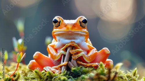  A small orange frog sits atop a moss-covered tree branch Its eyes are open, and its head reclines on a twig photo