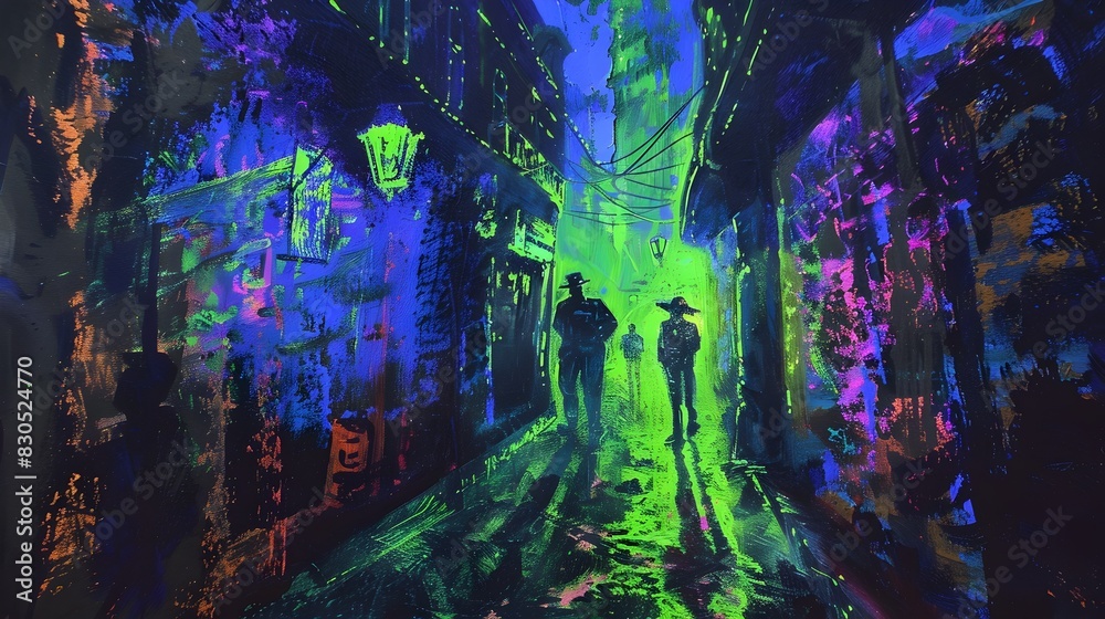 Fototapeta premium Enchanting Pathway Through Mystical Nighttime Forest with Glowing Lights and Vibrant Colors