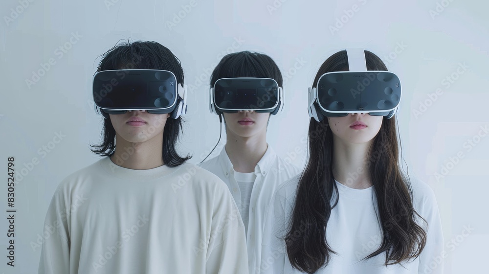 Young Japanese men and women wearing VR goggles, white background. Generative AI. Young Japanese men and women wearing VR goggles, white background. Generative AI.